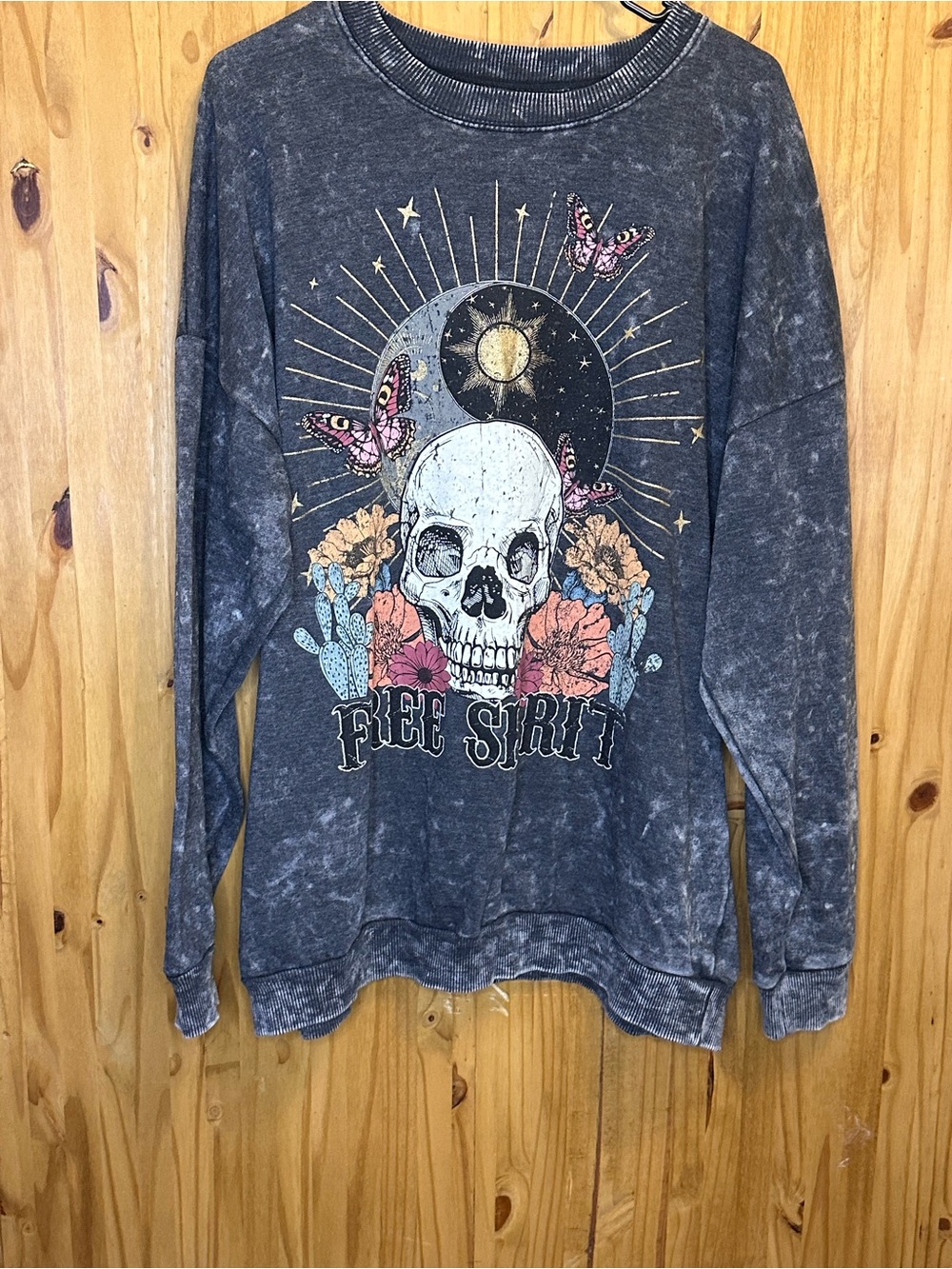 No Boundaries Washed Charcoal Crewneck Sweater with Skull & Floral Graphic